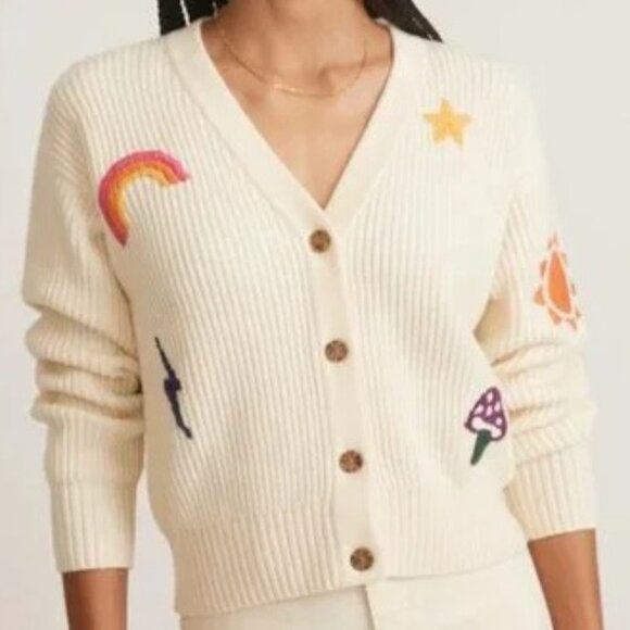 Marine Layer Embroidered Robin Crop Oversize Cardigan Women's Chunky Coquette L - Picture 1 of 9